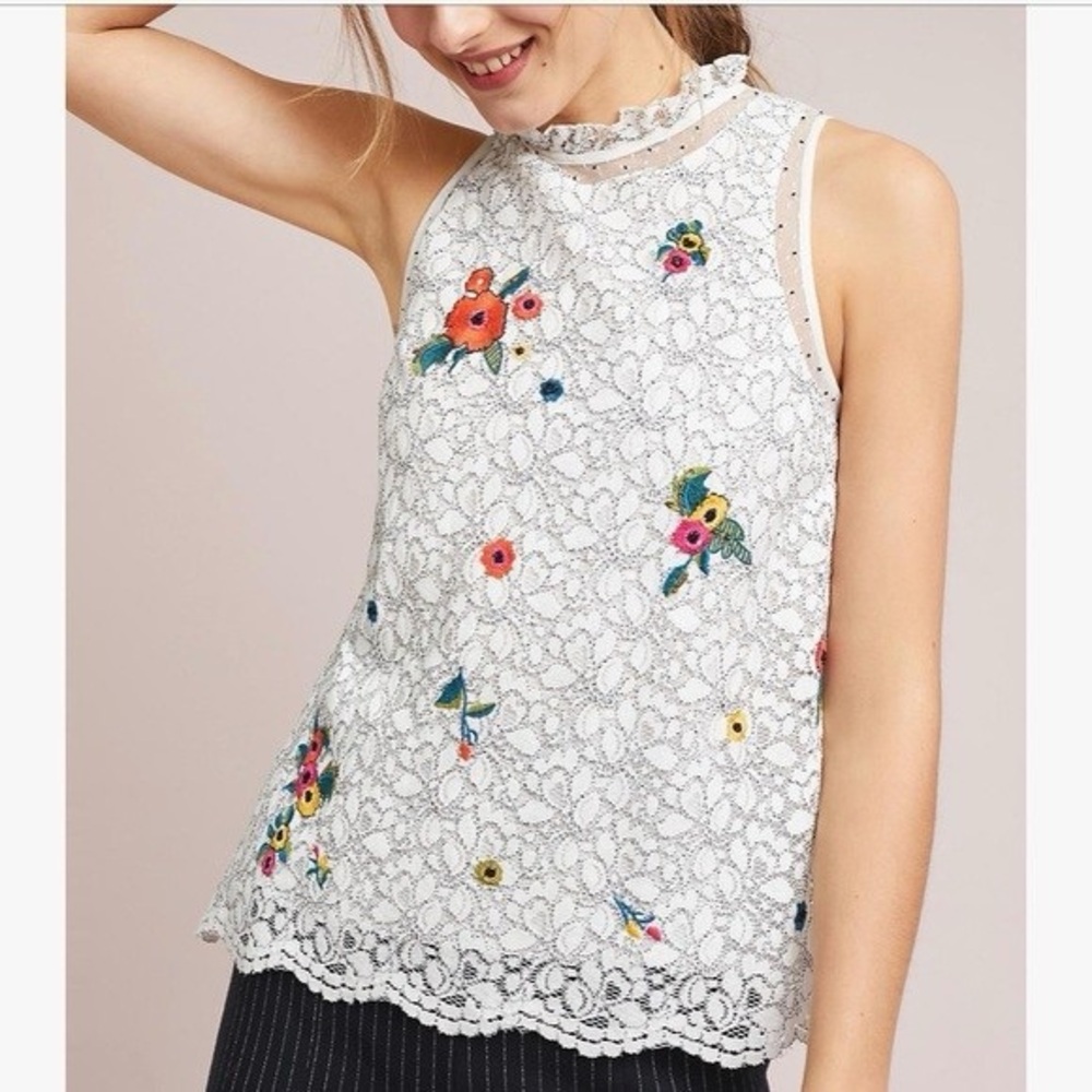 Maeve Floral Embroidered Lace Tank Top - White